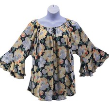 Chaps Womans Fairy Top Size 3X Bell Sleeve Poppies Anemones Dark Floral