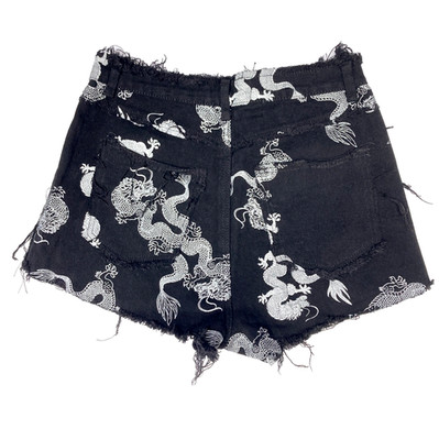 Dragon Graphic Distressed Stretch Denim Cut Offs  Jean Shorts Womens M 30 Black