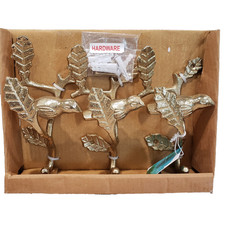 NEW Set of 3 Metal Bird Shiny Gold Painted Wall Coat Hook Branch Leaf Made India