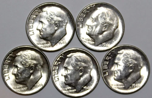 Five 1946-D Roosevelt Dimes - BU - #9927D