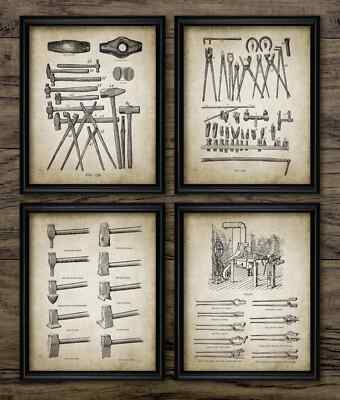 Schmiededruck 4er Set, Metallschmied, Amboss, Schmiede, Schmiede, Metallarbeiten