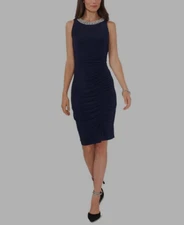 MSK Women's Petite Embellished-Neck Open-Back Side Ruched Dress Black 12P