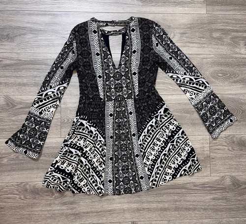 Free People Mini Dress Black Tegan Border Print Rayon Swing Dress Boho sz 0 - Picture 13 of 22