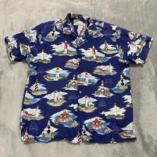 Vintage Paradise Found Shirt Mens Medium Blue Hawaiian Camp Lighthouse AOP Beach
