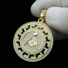 Men's 14K Yellow Gold Finish 2Ct VVS1 Diamond Masonic Medallion Charm Pendant