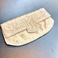 Vtg Ivory Pearl Sequin Bead Evening Clutch Fold over Bag Purse Snap "La Regale"