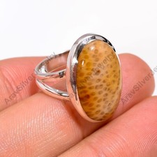 Fossil Coral Gemstone Ring 925 Sterling Silver Statement Boho Rings Gift Jewelry