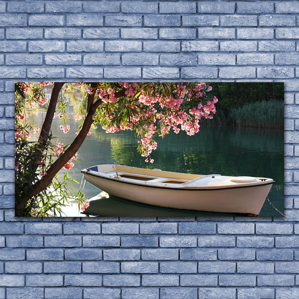 Tableau 140x70 paysage bateau arbre impression sur verre acrylique moderne