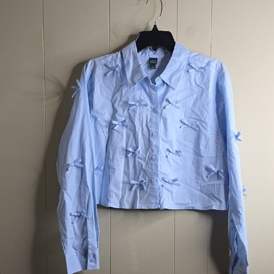 Women's Long Sleeve Cropped Bow Button-Up Shirt Wild Fable Medium