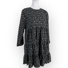 Zara Black Ruffle Floral Swing Babydoll Mini Dress Crinkle Medium 