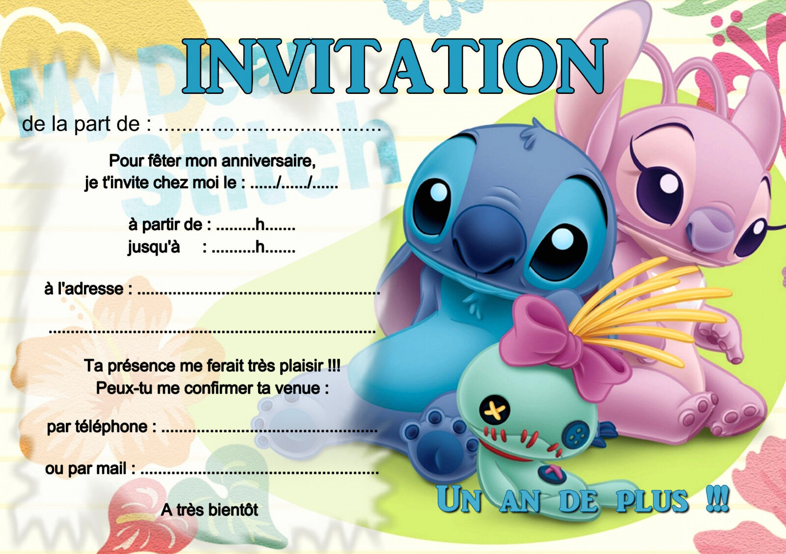 5 - 12 ou 14 cartes invitation anniversaire lilo et stitch REF 437