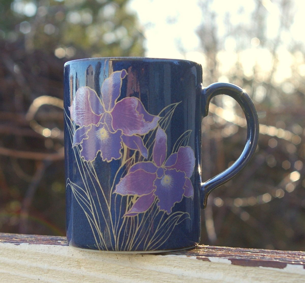 Otagiri Japan Coffee Mug Blue with Pink & Purple Iris Orchid