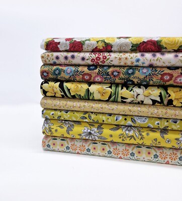 Gelb FLORAL Blätter Blumen Narzisse Rosen 100% Baumwolle Patchwork Handarbeit Stoff