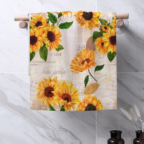 Hand Towels Set of 2 Yellow Watercolor Sunflowers Towels for Bathroom Soft Ab... - Picture 4 of 6