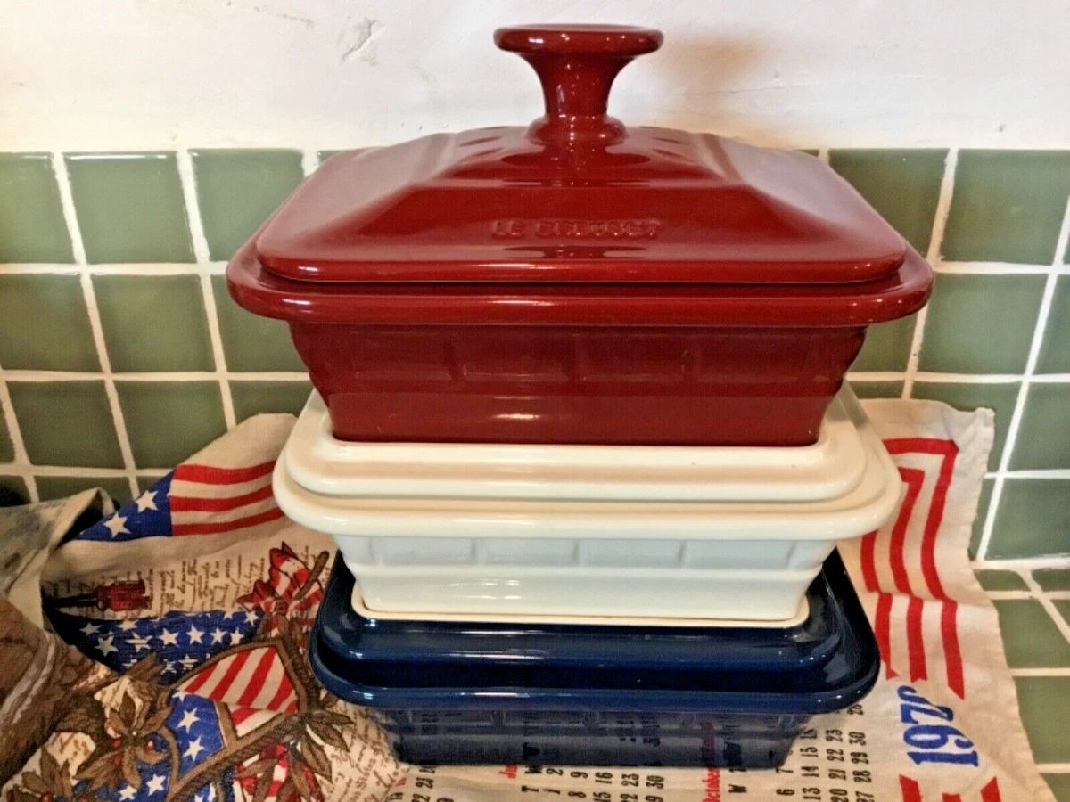 LE CREUSET - Set of 3 - Lid Covered Stoneware Loaf Pan - Red White Blue -  28 oz