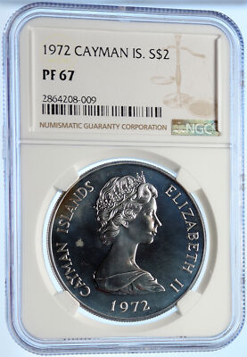 1972 CAYMAN ISLANDS Great Blue Heron BIRD Proof Silver 2 Dollar