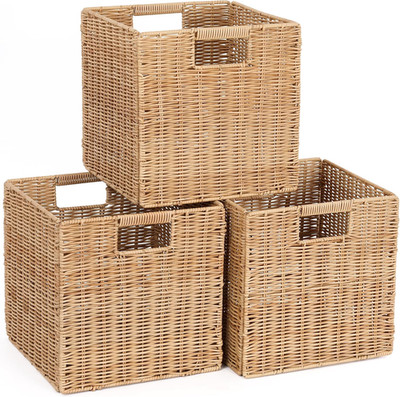 10.5 X 10.5 in Plastic Wicker Baskets for Cube Storage, Collapsible Square Wicke