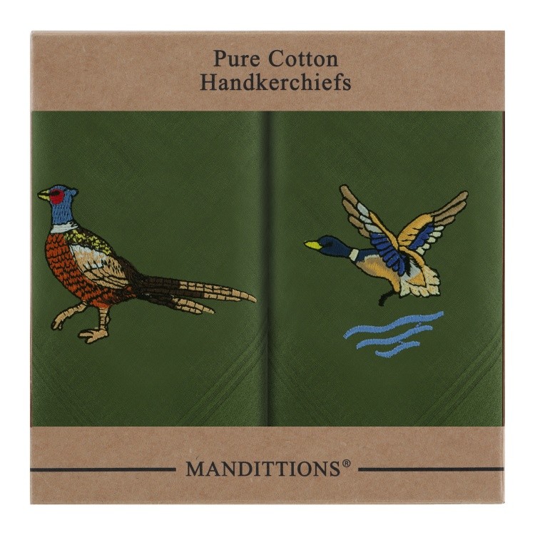 Pheasant Flying Duck Handkerchiefs 2 Mens Green Cotton Embroidered Hankies