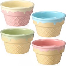 4 Pcs Ice Cream Ceramic Bowls 9 oz Waffle Ice Cream Cups Reusable Sundae Dessert