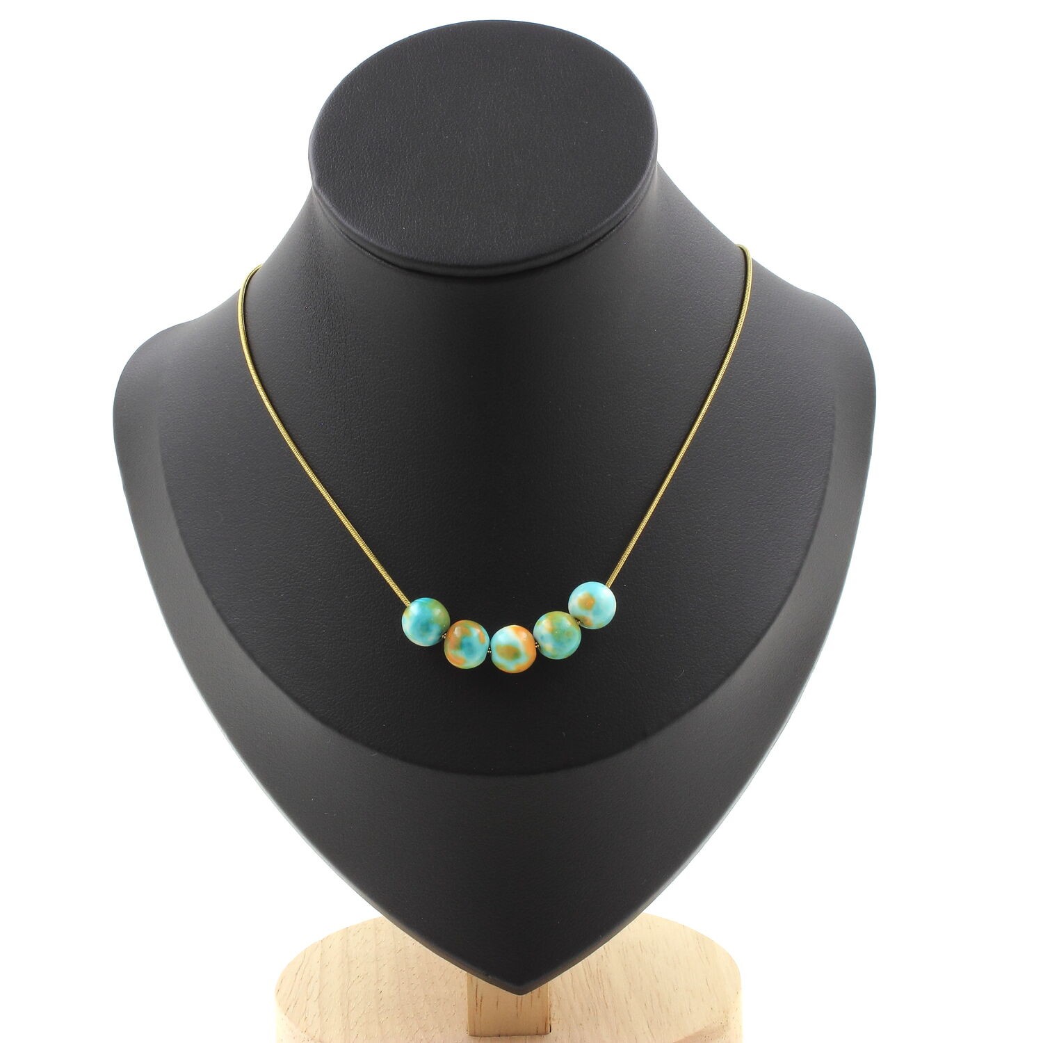 Collier jaspe bleu orange à 5 perles, le cadeau idéal en minéraux naturels avec chaine