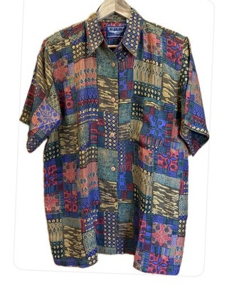 Best American Clothing  NWOT Silk Multi Color Short Sleeves Button Down Shirt M
