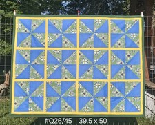 Handmade All Cotton Pinwheel Lap Quilt / Baby Quilt Blue Green Yellow 39.5 x 50