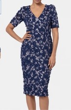 Xscape Navy Floral Embroidered Lace Sheath Dress V-Neck Puff Sleeve Knee Length 