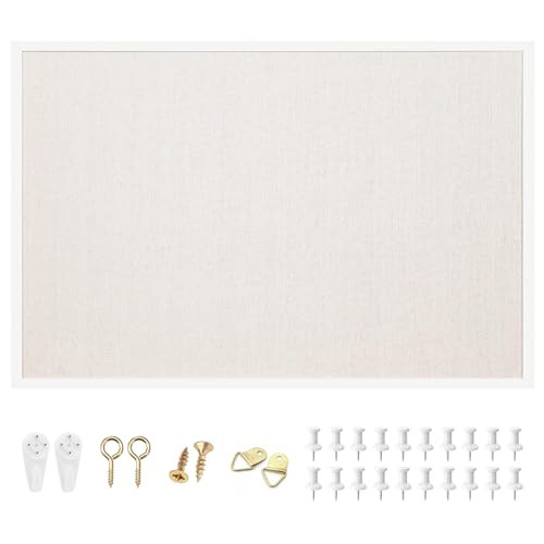 24'' x 36'' Linen Bulletin Board, White Framed Corkboard, White Oak 36" x 24" - Picture 2 of 8