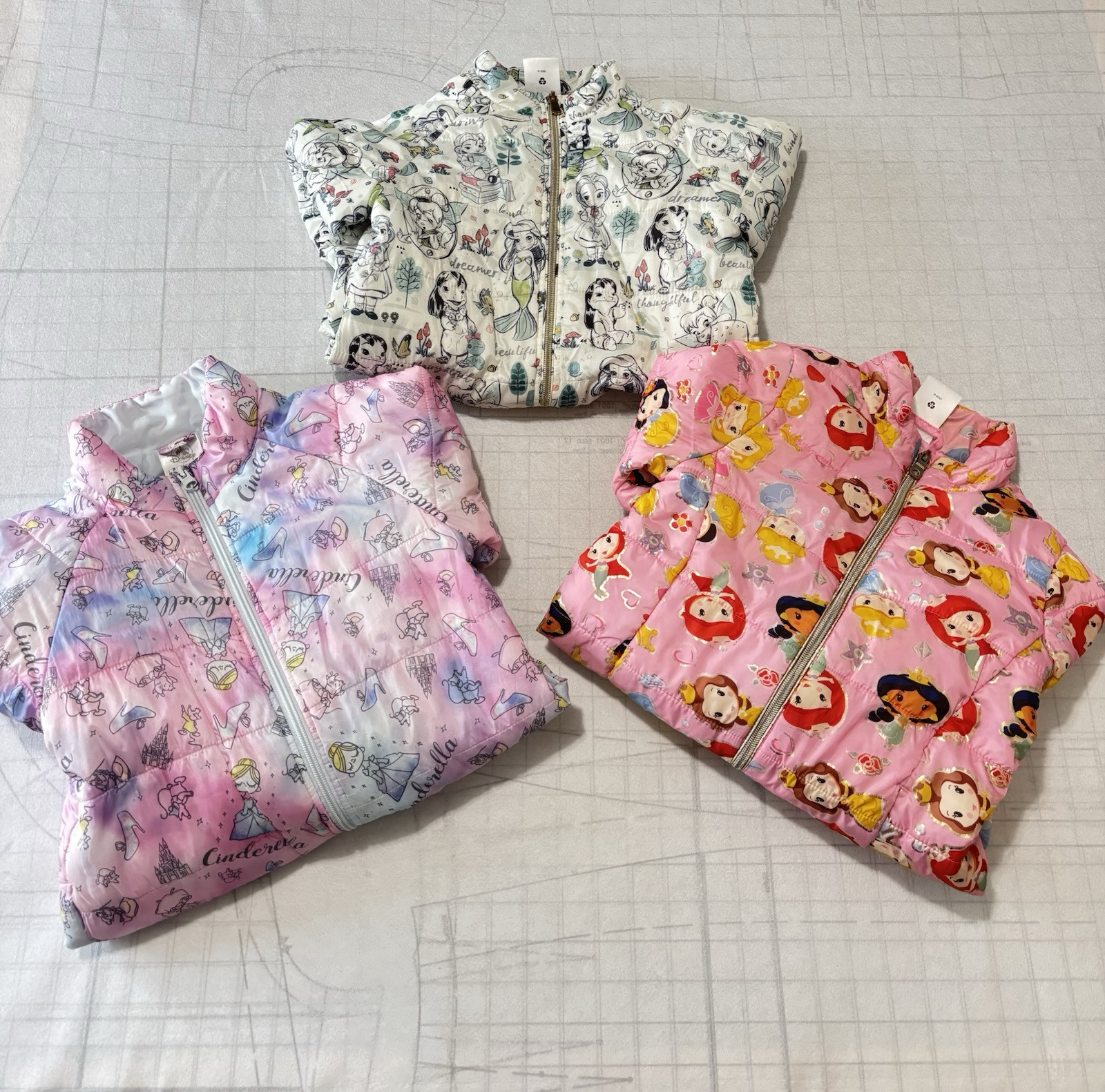 3 Disney Store Princess Lightweight Puffy Puffer Jackets Coats Pink Size 5/6