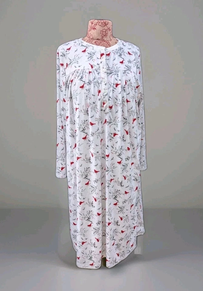 NEW L Aria Collection Cardinal Birds White Nightgown Button Yoke Side Pockets - Image 3 of 4