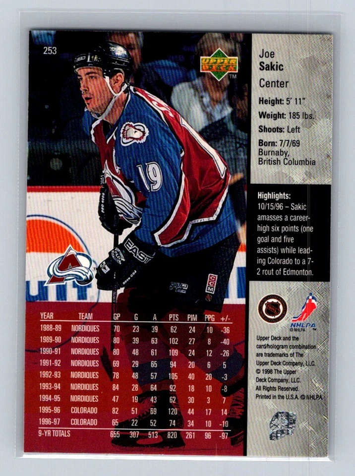 1997-98 Upper Deck #253 Joe Sakic Colorado Avalanche - Image 2 of 2