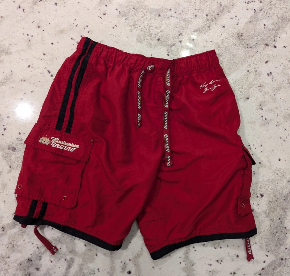 De colección Y2K Budweiser Racing Hombres L Rojo Bañador Malla Nascar Patinador Grunge Cerveza Foto 2 de 4