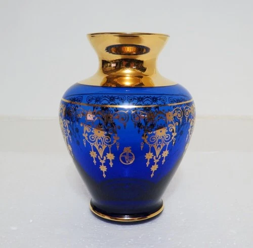 Vecchia Murano Italy Art Glass Vase Cobalt Blue 24K Gold Trim Chandelier vintage