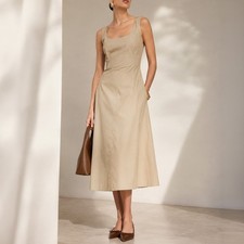 Vince Cotton Blend Streamed Midi Dress in Oat NWT NEW Size M