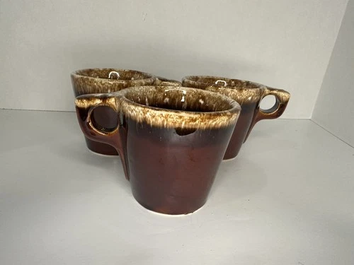 3 Vintage Hull Pottery Brown Drip Glaze Coffee Mugs Cup Oven Proof Made in USA