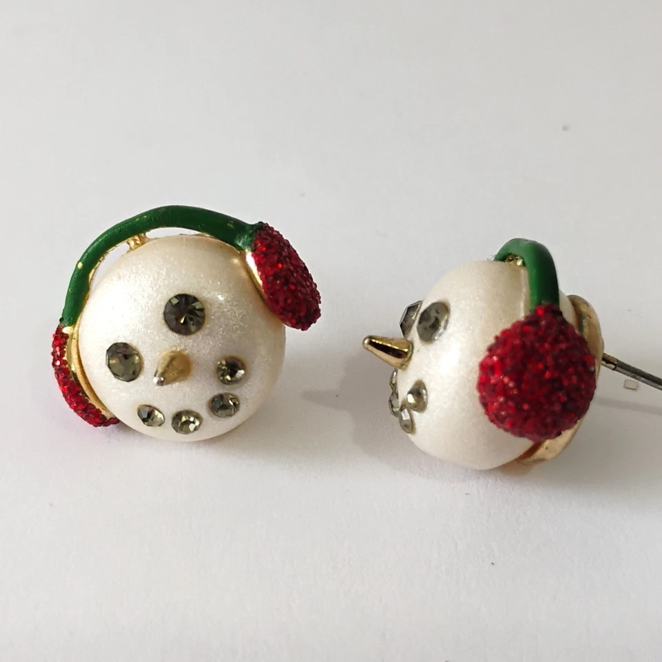 Betsey Johnson Faux Pearl Rhinestone Snowman Stud Earrings Chunky - Image 2 of 4