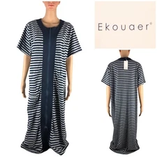 Ekouaer Womens Large Robe Zipper Front Striped Pockets Gray Blue Relaxed NWT