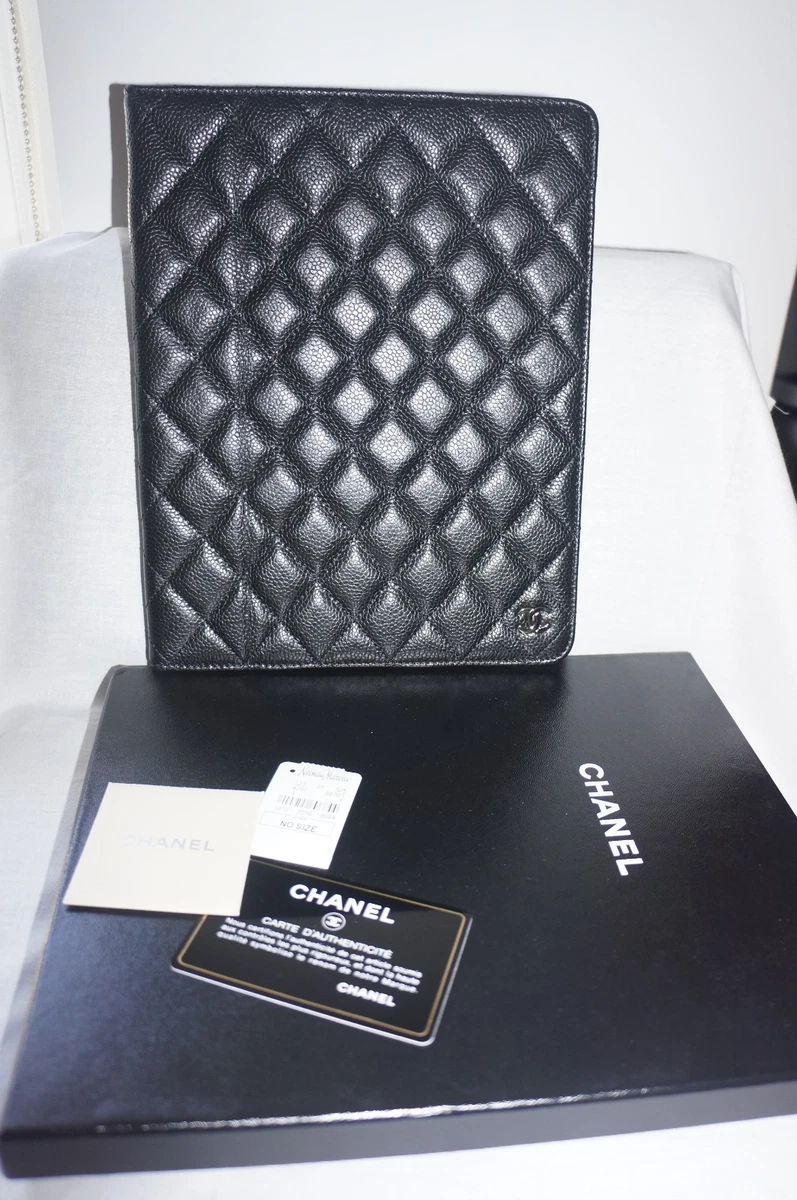 NEW CHANEL Black Caviar Leather Quilted CC Logo iPad Tablet Case Holder Cover