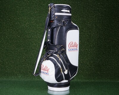 VINTAGE BALLY GAMING STAFF BAG 6 WAY DIVIDERS GOLF BAG, BLACK / WHITE ~ L@@K!!