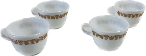 Pyrex Butterfly Gold Cups Corning USA Milk Glass Coffee Mugs Vintage Lot Of 4