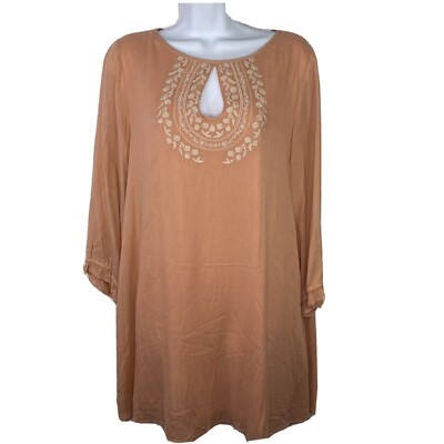Entro Tunic Dress Rayon Orange Salmon Keyhole Neck Embroidered Trim Size Small