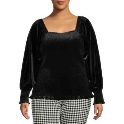 Terra & Sky Women's Velvet Smock Top Black 2X (20W-22W)