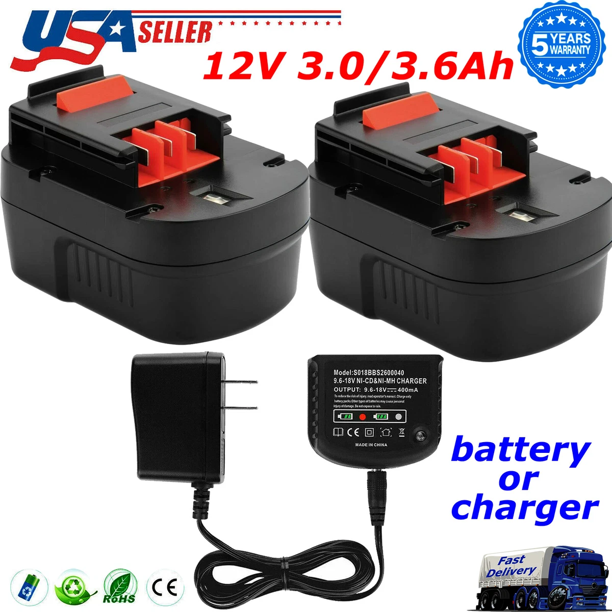 12V FSB12 Battery/Charger For Black and Decker HPB12 A12 A1712 Firestorm  FS120B