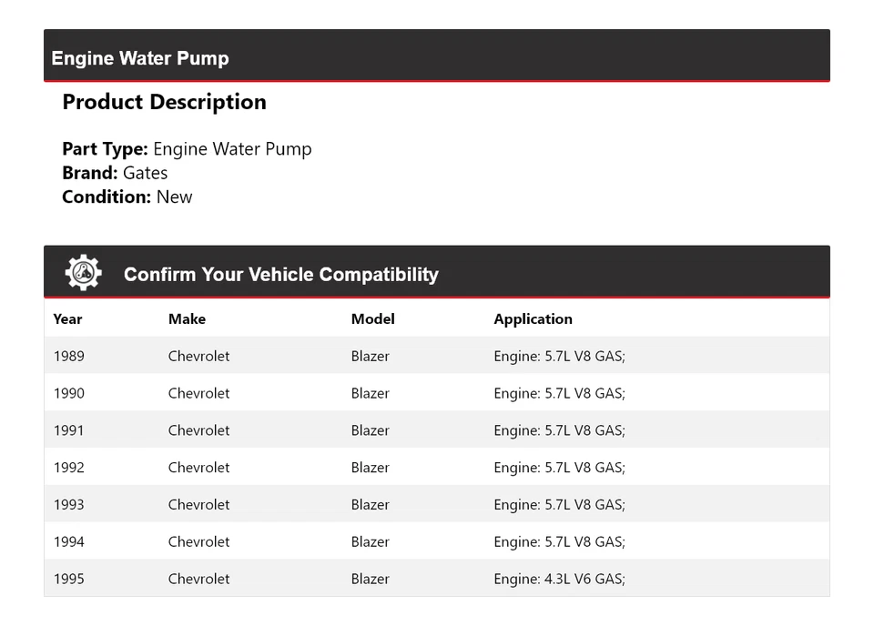 For 1989-1995 Chevrolet Blazer Engine Water Pump Gates 1990 1991 1992 1993 1994 - Image 2 of 4