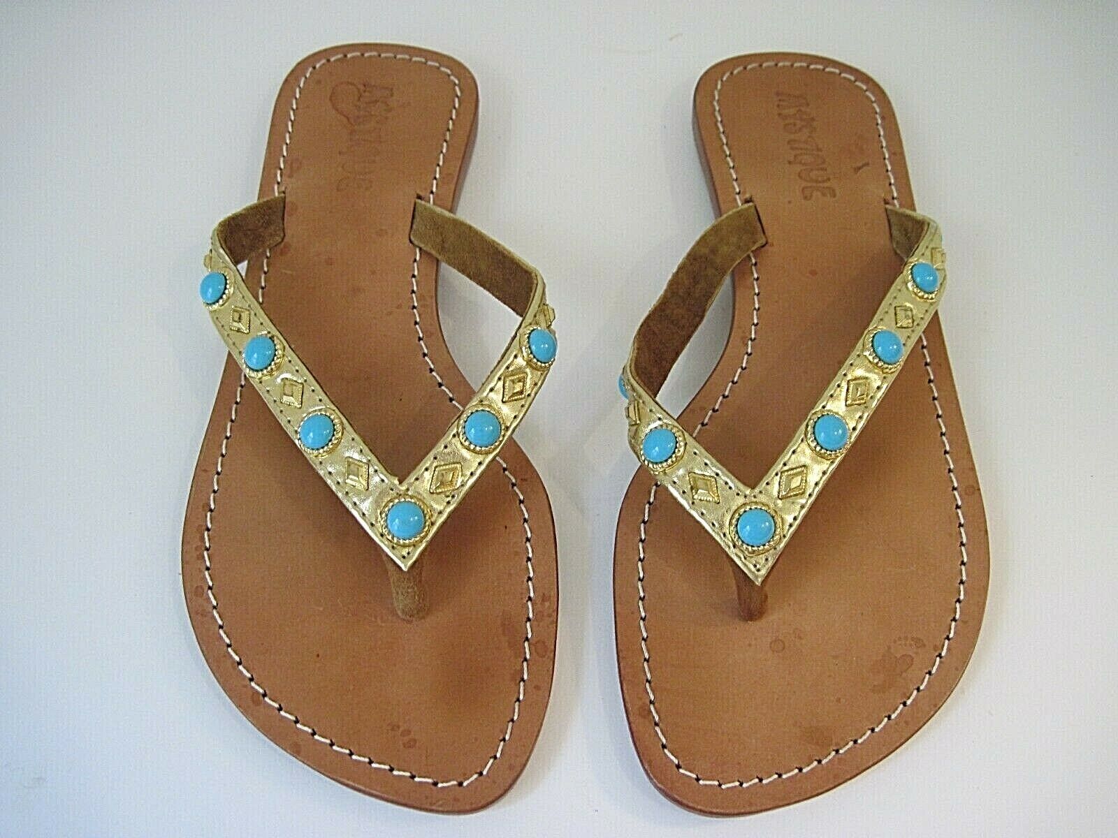 Mystique Regular store Indianapolis Mall Women#039;s Gold Leather Embellished Sandals Turquoise