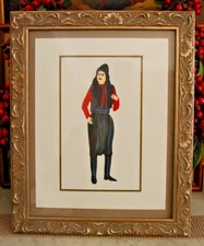 VTG 1960'S FRAMED ORIGINAL WATERCOLOR ART TRADITIONAL COSTUME LEABANESE MAN #3
