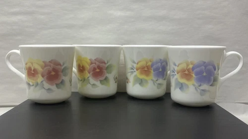 Set of (4) Vtg Corelle Corning Floral Summer Blush Pansy Coffee Mugs Teacups 8oz