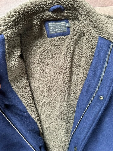 J.Crew Jacket Men's Large Sherpa Lined Varsity Wool Coat Navy Blue Primaloft - Picture 7 of 11