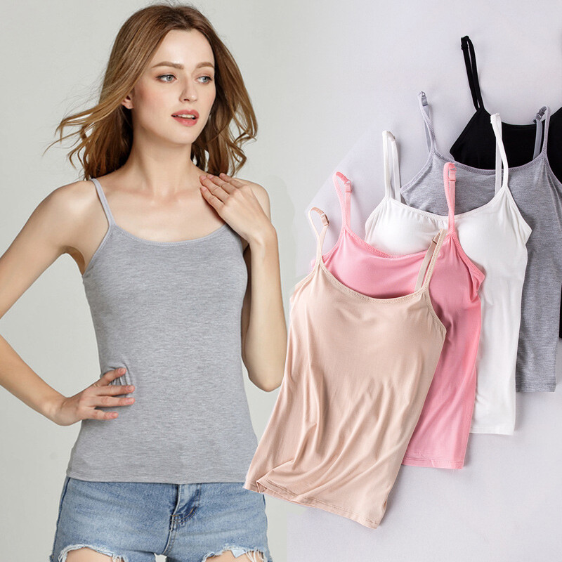 Cami With Built-in Shelf Bra - Adjustable Spaghetti Strap Tank Top, Small, White