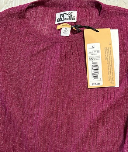 NWT Women's Future Collective Medium Deep Pink Shimmer Long Sleeve Stretch Top - Picture 5 of 5
